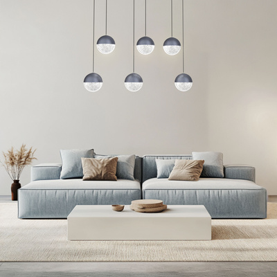 Lampa wisząca FURNI 6-punktowa szara – ze szklanymi kloszami kulami - designerska lampa do salonu LED 4000K