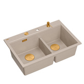 Zlewozmywak granitowy MARC 120 WORKSTATION – dwukomorowy, wpuszczany, pearl beige/elementy miedziane + AKCESORIA, Quadron