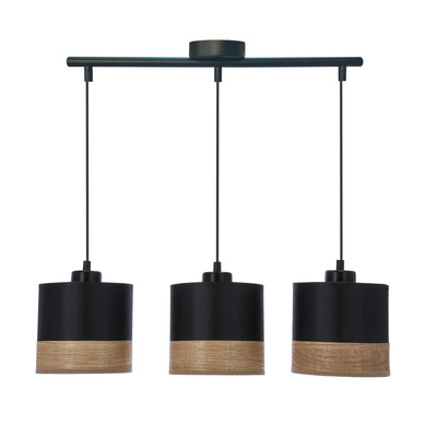 Lampa wisząca z abażurami Porto czarna potrójna do jadalni abażur czarny z fornirem