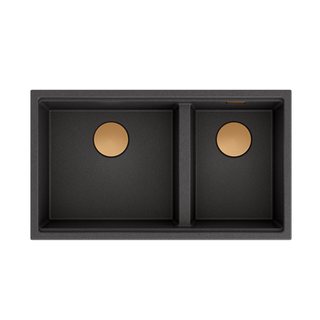 CLARK 842 Hard Rock GraniteQ zlewozmywak 2-komorowy podwieszany 840x485x255 mm onyx + odpływ miedziany, syfon save space + zaczepy