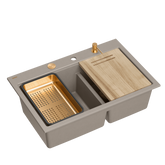 Zlewozmywak granitowy MARC 120 WORKSTATION – dwukomorowy, wpuszczany, soft taupe/elementy miedziane + AKCESORIA, Quadron