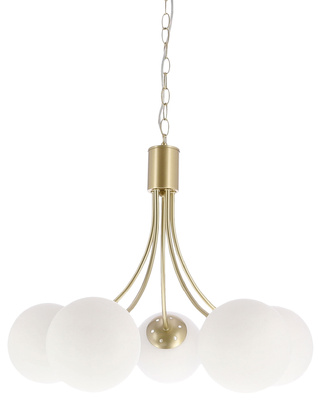Lampa wisząca Dani 5x40W E14 mosiądz, biały klosz, elegancka oprawa sufitowa do salonu, styl klasyczny i nowoczesny, pięć punktów światła