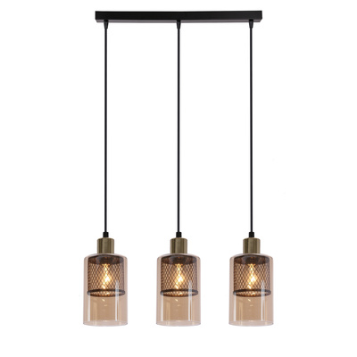 Lampa wisząca Cabi potrójna z kloszem bursztynowym metalowo-szklana czarna