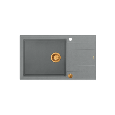 EVAN 136 XL GraniteQ zlewozmywak z syfonem Push To Open 1-komorowy z/o (860x500x210; kom. 420x490) silver stone / elementy miedziane