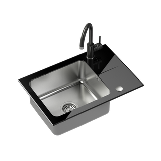 Hugh 116 komora stalowa z czarnym blatem szklanym z syfonem i zaślepką (640x440/R35) + NAOMI SteelQ stalowa bateria kuchenna czarny połysk