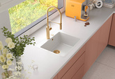 QUADRON | MORGAN 110 FM PRODUKT NA ZAMÓWIENIE | granitowy zlewozmywak kuchenny BIAŁY + ZŁOTO PVD | wymiary: 56,5 x 49,5 x 21,6 cm | 1-komorowy na równi w blatem | podbudowa szafki od: 60 cm