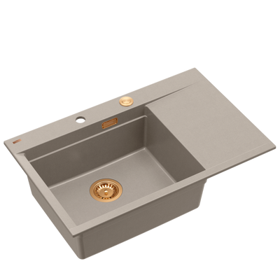 JOSH 111 GraniteQ zlewozmywak 1-komorowy z/o (780x500x215) soft taupe + syfon push 2 open + deska + wkładka/ elementy miedziane