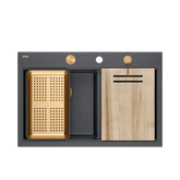 Zlewozmywak granitowy MARC 120 WORKSTATION – dwukomorowy, wpuszczany, black diamond/elementy miedziane + AKCESORIA, Quadron