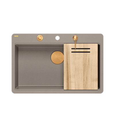 QUADRON | MARC 110 FM PRODUKT NA ZAMÓWIENIE | granitowy zlewozmywak kuchenny SZAROBEŻOWY + MIEDŹ PVD | wymiary: 75 x 49 x 24 cm | akcesoria: syfon, dozownik, deska | 1-komorowy na równi w blatem | podbudowa szafki od: 80 cm