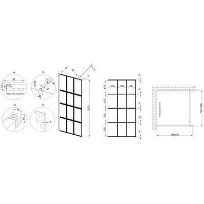 Kabina walk-in ii 100x200cm geometryczna 8mm shiny-glass czarny AK-32-107-S Invena