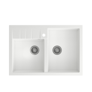 Quadron | BILL 120 | granitowy zlewozmywak kuchenny BIAŁY + STAL | wymiary: 90 x 62 x 20,5 cm | 2-komorowy nakładany na szafkę | podbudowa szafki: od 90 cm
