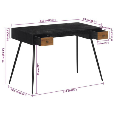 vidaXL Biurko, 117x56,5x75 cm, lite drewno z odzysku