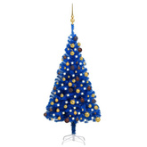 vidaXL Sztuczna choinka z lampkami i bombkami, niebieska, 120 cm, PVC