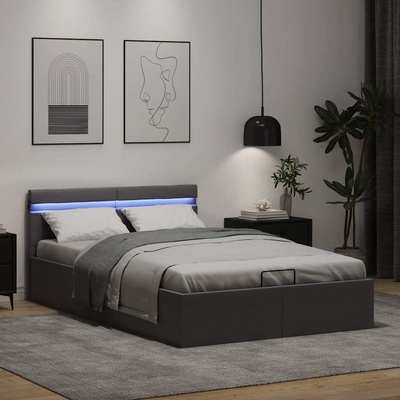vidaXL Rama łóżka z podnośnikiem i LED, szara, ekoskóra, 140 x 200 cm