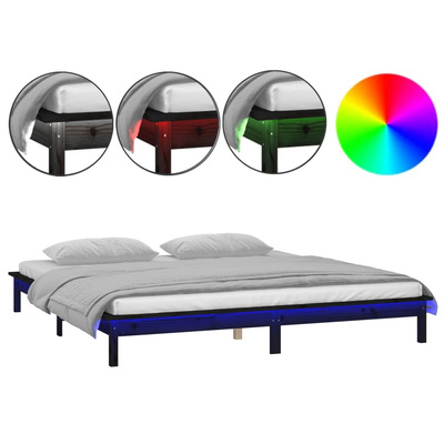 vidaXL Rama łóżka z LED, czarna, 140x190 cm, lite drewno