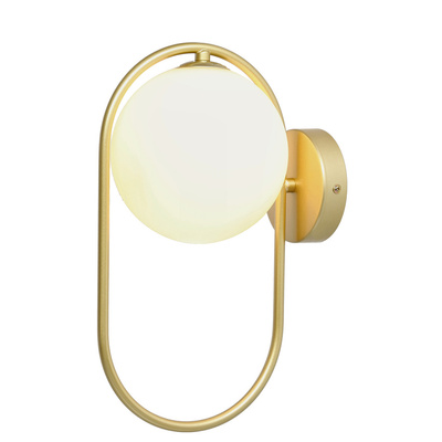 Kinkiet ścienny CORDEL elegancki  – złoty mosiądzowany ring z mlecznym kloszem kulką - elegancka lampa ścienna G9 LED