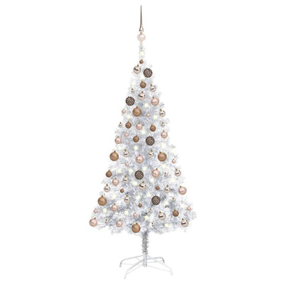 vidaXL Sztuczna choinka z lampkami i bombkami, srebrna, 150 cm, PET model standard