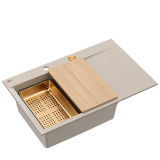 JOSH 111 GraniteQ zlewozmywak 1-komorowy z/o (780x500x215) pearl beige  + syfon push 2 open + deska + wkładka/ elementy miedziane
