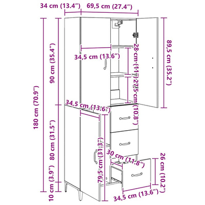 Highboard Dąb rzemieślniczy 69,5 x 34 x 180 cm