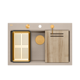 Zlewozmywak granitowy MARC 110 WORKSTATION – jednokomorowy, wpuszczany, pearl beige/elementy miedziane + AKCESORIA, Quadron