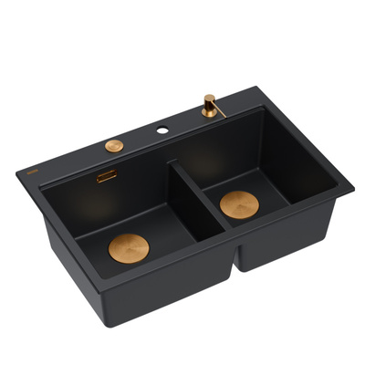 Zlewozmywak granitowy MARC 120 WORKSTATION – dwukomorowy, wpuszczany, pure carbon/elementy miedziane + AKCESORIA, Quadron