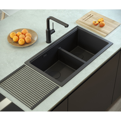 Zlewozmywak granitowy LOGAN 120 – dwukomorowy, wpuszczany, black diamond/elementy stalowe, Quadron
