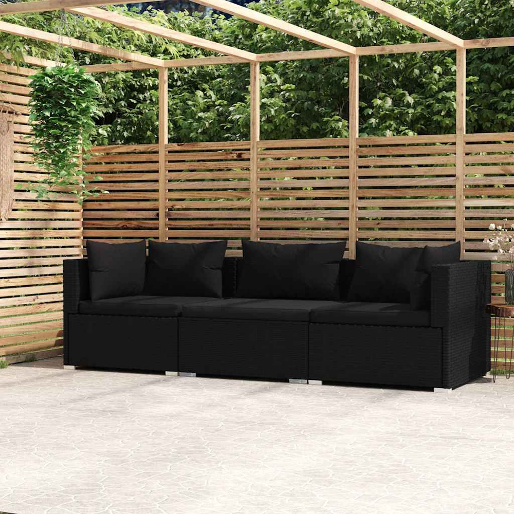 3-osobowa sofa z poduszkami, czarna, polirattan