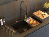 QUADRON | MARC 110 FM PRODUKT NA ZAMÓWIENIE | granitowy zlewozmywak kuchenny SZAROBEŻOWY + MIEDŹ PVD | wymiary: 75 x 49 x 24 cm | akcesoria: syfon, dozownik, deska | 1-komorowy na równi w blatem | podbudowa szafki od: 80 cm