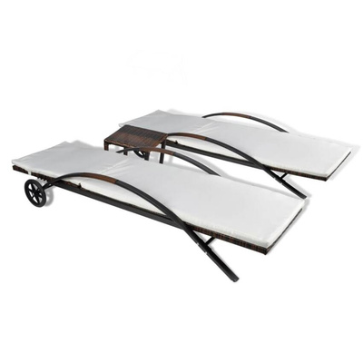 vidaXL Leżaki ze stolikiem, polirattan, brązowe