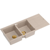 Zlewozmywak granitowy EVAN 121 – dwukomorowy, wpuszczany, pearl beige/elementy złote, Quadron