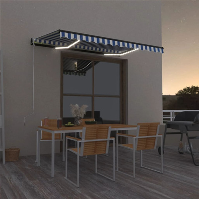 Ręcznie zwijana markiza z LED, 400 x 300 cm, niebiesko-biała vidaXL