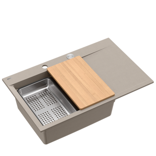 JOSH 111 GraniteQ zlewozmywak 1-komorowy z/o (780x500x215) soft taupe  + syfon push 2 open + deska + wkładka/ elementy stalowe