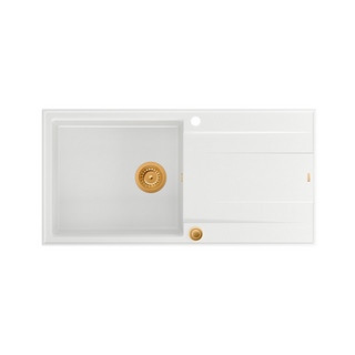 EVAN 146 XL GraniteQ zlewozmywak z syfonem Push 2 Open1-komorowy z/o (1000x500x210; kom. 420x480) snow white / elementy miedziane