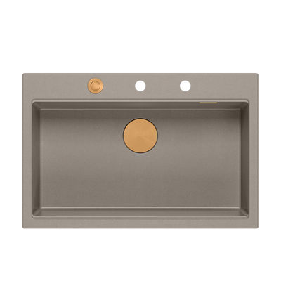 Zlewozmywak granitowy MARC 1-komorowy 76x50 cm szarobeżowy/soft taupe + Nano MIEDŹ PVD