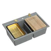 Zlewozmywak granitowy MARC 120 WORKSTATION – dwukomorowy, wpuszczany, silver stone/elementy złote + AKCESORIA, Quadron