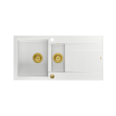 EVAN 156 GraniteQ zlewozmywak z syfonem Push To Open 1,5-komorowy z/o (1000x500x210; kom. 420x480) snow white / elementy złote
