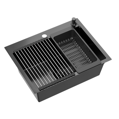 Zlewozmywak stalowy LUKE 110 WORKSTATION – jednokomorowy, wpuszczany, stal black metal/elementy black metal + AKCESORIA, Quadron