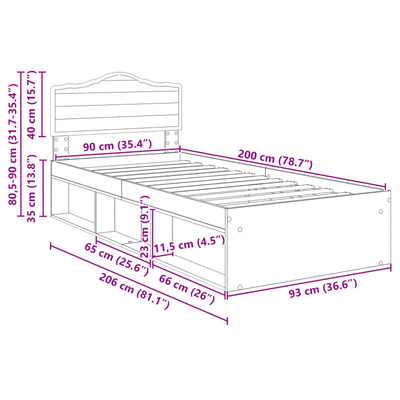 Ramka łóżka Dąb rzemieślniczy 90 x 200 cm Lite drewno sosnowe