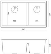 CLARK 842 Hard Rock GraniteQ zlewozmywak 2-komorowy podwieszany 840x485x255 mm concrete + odpływ miedziany, syfon save space + zaczepy