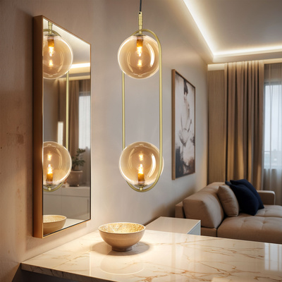 Lampa wisząca CORDEL vintage - złoty mosiądz z bursztynowymi kloszami kulkami - eleganckie oświetlenie salonu 2x G9 LED