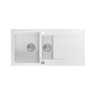 EVAN 156 GraniteQ zlewozmywak z syfonem Push To Open 1,5-komorowy z/o (1000x500x210; kom. 420x480) snow white / elementy stalowe