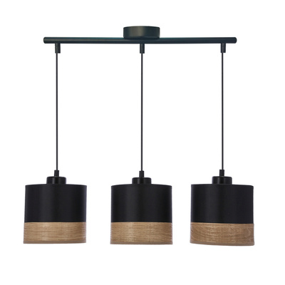 Lampa wisząca z abażurami Porto czarna potrójna do jadalni abażur czarny z fornirem