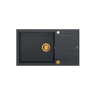 EVAN 136 XL GraniteQ zlewozmywak z syfonem Push To Open 1-komorowy z/o (860x500x210; kom. 420x490) black diamond / elementy miedziane