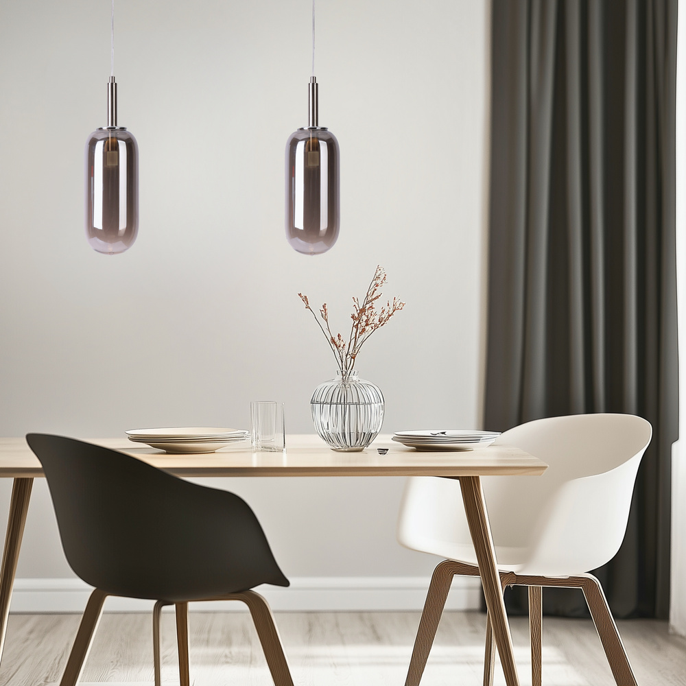 Lampa wisząca FIUGGI srebrna - ze szklanym z podłużnym kloszem – nowoczesna lampa LED nad stół