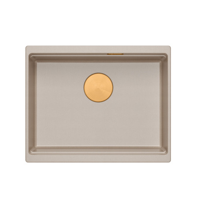 Zlewozmywak granitowy LOGAN 100 – jednokomorowy, podwieszany, pearl beige/elementy miedziane, Quadron
