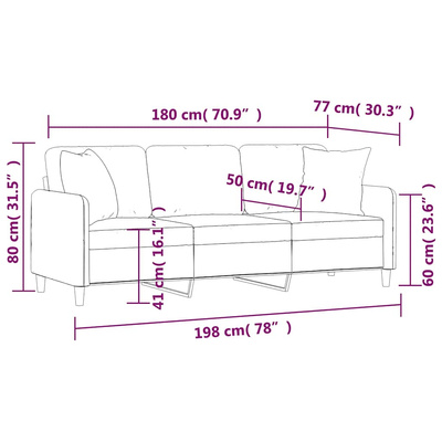 3-osobowa sofa z poduszkami, czarna, 180 cm, tkanina