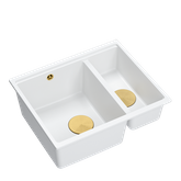 QUADRON | LOGAN 150 | granitowy zlewozmywak kuchenny BIAŁY + ZŁOTO PVD | wymiary: 56 x 46 x 22 cm | 1,5-komorowy podwieszany | podbudowa szafki od: 60 cm