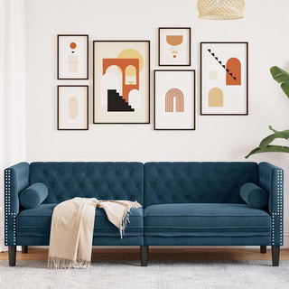 Sofa Chesterfield z wałkami, trzyosobowa, niebieska, aksamit