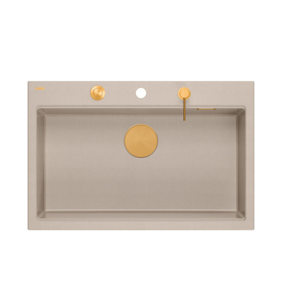Zlewozmywak granitowy MARC 110 WORKSTATION – jednokomorowy, wpuszczany, pearl beige/elementy miedziane + AKCESORIA, Quadron