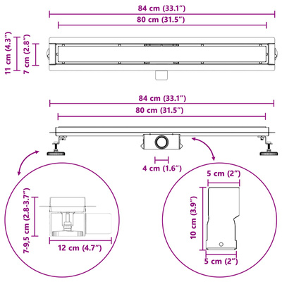 2 w 1 Odwodnienie prysznicowe Czarny 80 cm Stal nierdzewna 304